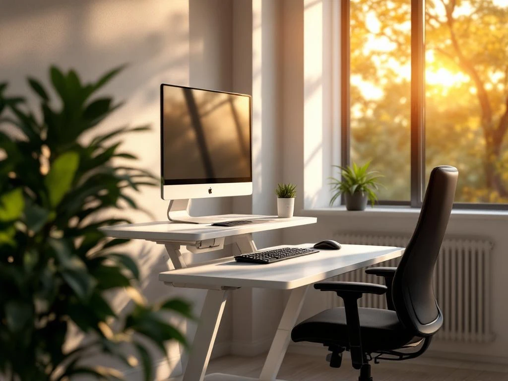 Moderne kantoorwerkplek met witte zit-sta bureau, ergonomische zwarte stoel, monitor en groene plant bij raam
