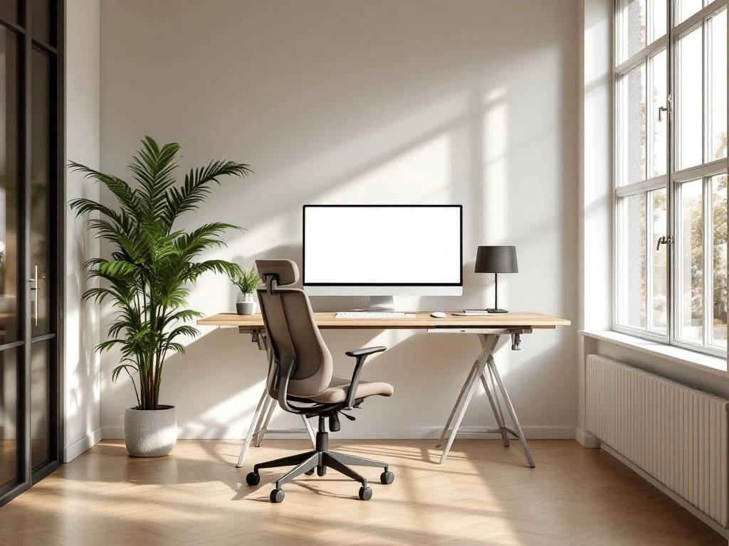 Moderne ergonomische zit-sta bureau met houten afwerking, bureaustoel en monitor in lichte kantoorruimte met plant