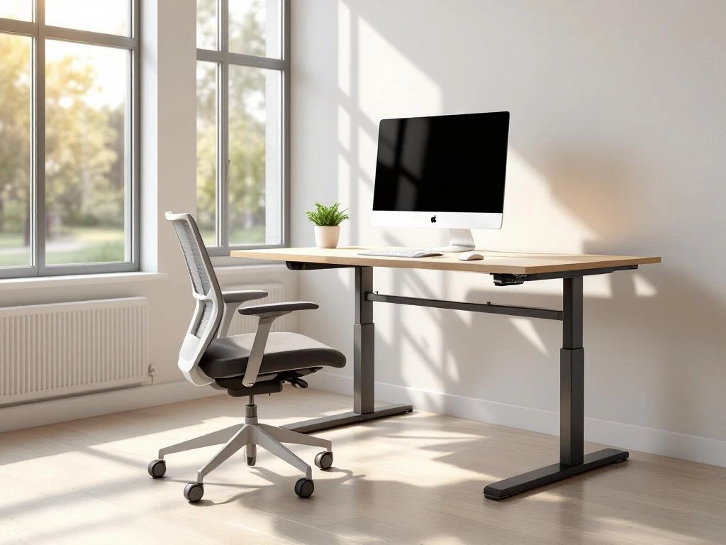 Moderne ergonomische zit-sta bureau op staande hoogte met monitor, toetsenbord en plant in lichte kantoorruimte