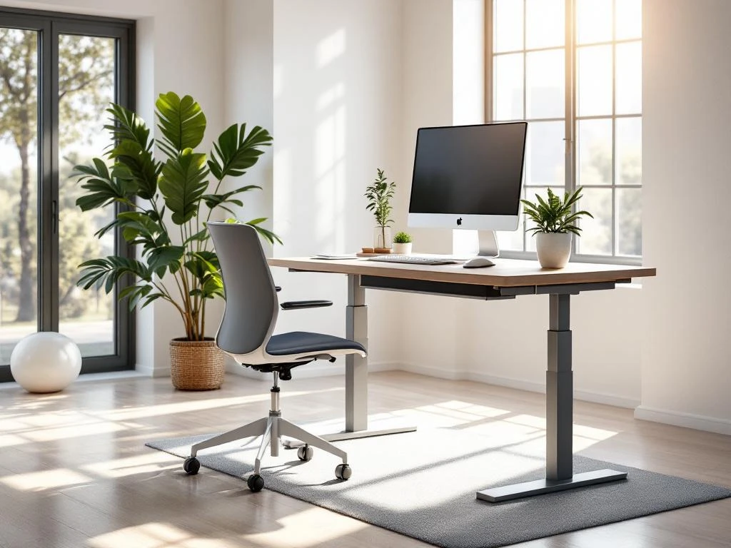 Moderne ergonomische sta-zit bureau in verhoogde positie met monitor, toetsenbord en stoel in licht kantoor