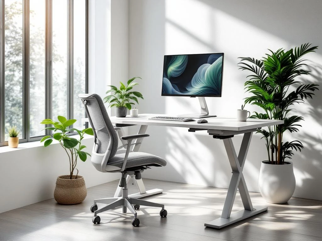 Moderne ergonomische zit-sta bureau in verhoogde positie met monitor en plant bij grote ramen in lichte kantoorruimte
